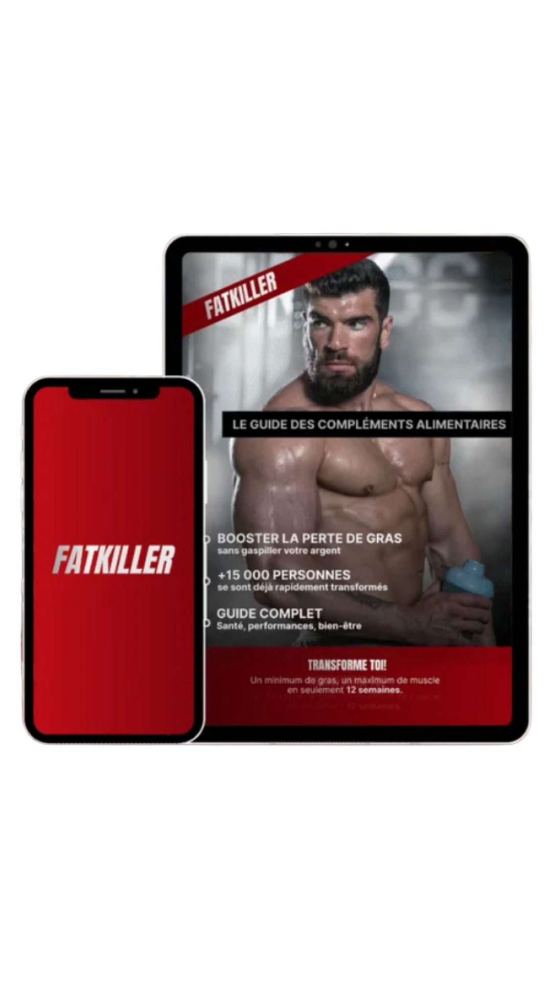 Programme FatKiller Homme présenté sur tablette et smartphone : guide des compléments alimentaires et application mobile